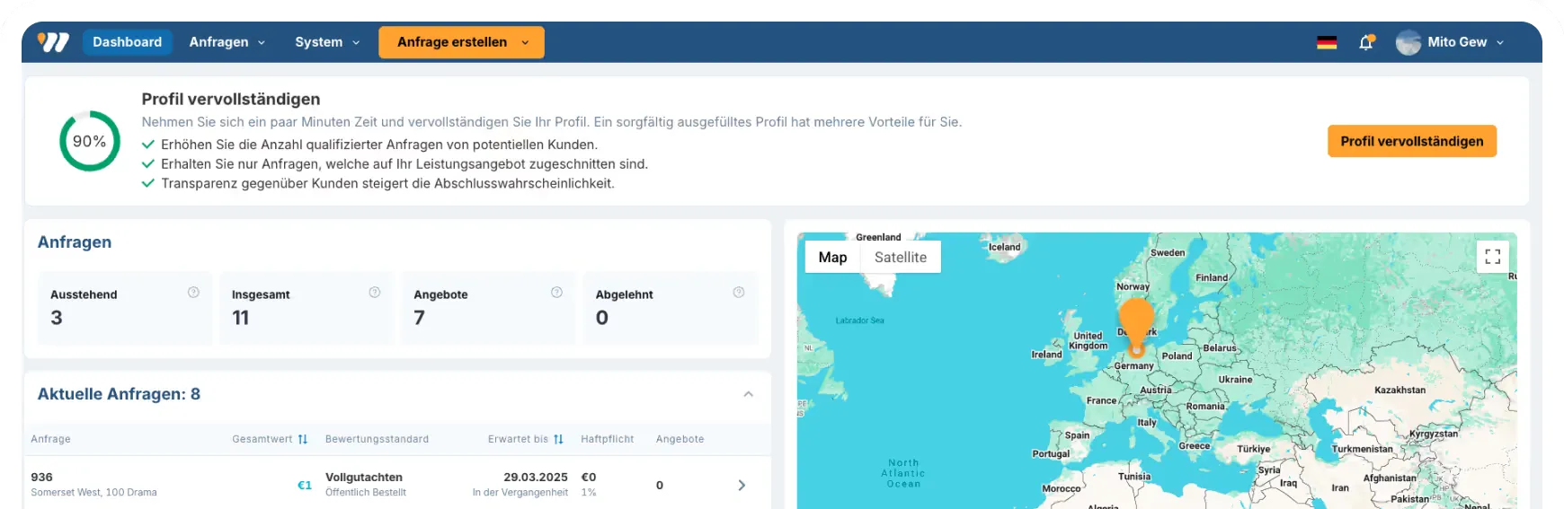 WBW Plattform Screenshot – Immobilienbewertung für Privatkunden online anfragen
